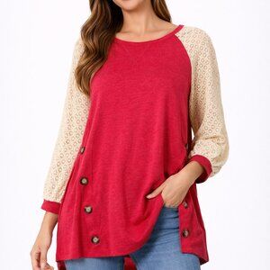 Umgee Red Pink Lace Sleeve Button Detail‎ Top Boho Casual Tunic – Size S